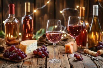 Aufkleber - A wooden table with two glasses of rose wine, wine bottles, cheese, grapes, and string lights. Generative AI