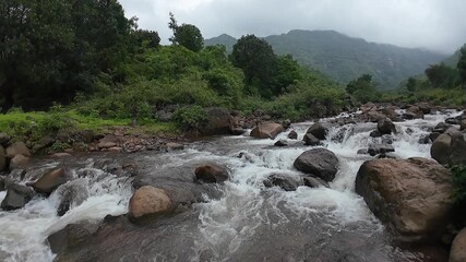 Wall Mural - On a cloudy day, a monsoon stream cascades through lush green surroundings, illustrating the power and beauty of nature.