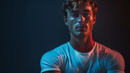 Wall Mural - Young Man Posing in Blue and Red Lighting