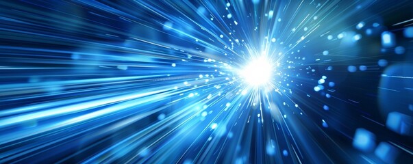 Poster - Bright blue light burst with streaks and particles on dark background, abstract high-speed motion concept