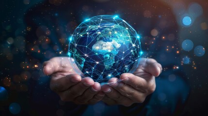 Poster - Hands holding a glowing globe represent global connectivity, advanced technology, and an interconnected world