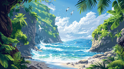 Tropical Cliffside Bliss Waves, Rocks, and Blue Horizon