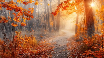 Canvas Print - Sunlit Path in Autumnal Forest