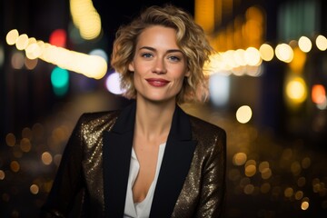 Wall Mural - Portrait of a happy woman in her 30s dressed in a stylish blazer isolated on glittering city nightlife