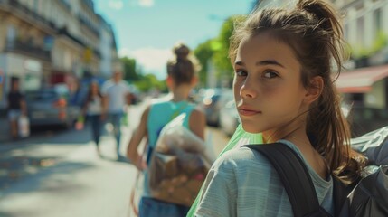 Sticker - Girl walking with backpack on city street