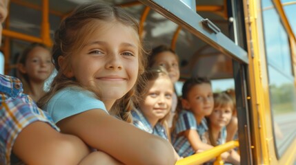 A group of happy school children ride a school bus and look out the window. The concept of school and learning