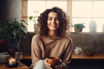 Canvas Print - Portrait of a happy woman in her 30s wearing a cozy sweater while standing against soothing spa interior