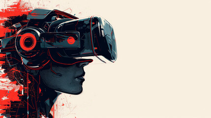 Poster - Minimalist poster with silhouettes of VR headsets and cellphones emerging from a robotic arm, tech evolution theme.