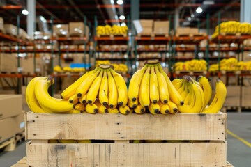 Fresh bananas in wooden crate at a warehouse