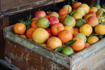 Wall Mural - Rustic wooden crate overflowing with colorful citrus fruit including oranges, lemons, and limes