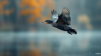 Wall Mural - A stunning and crisp photo of a Goldeeg bird flying over a tranquil lake, with its reflection visible in the water. 