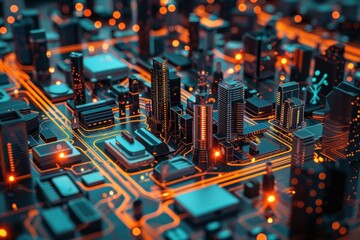 Poster - Futuristic city is emerging from a circuit board, symbolizing the concept of smart cities