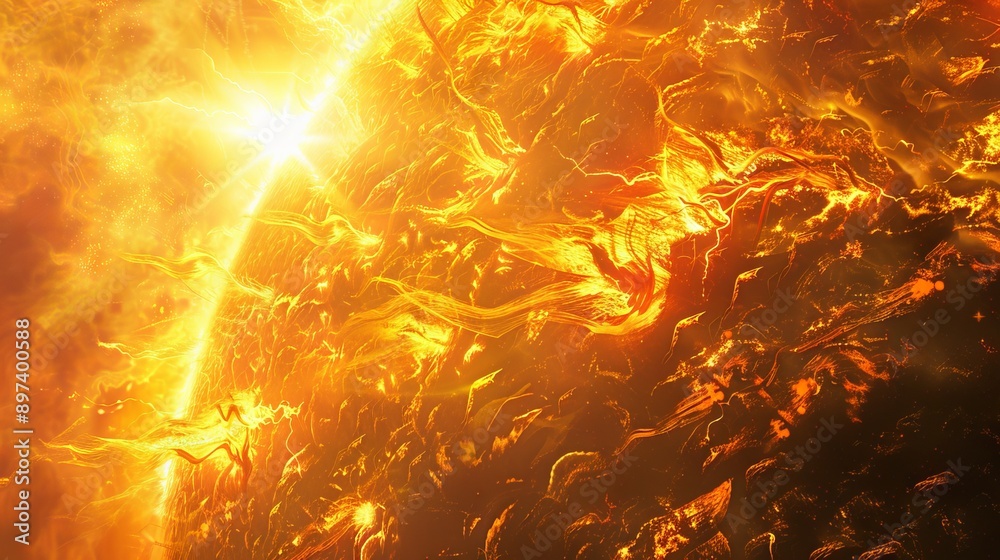 Sun during a powerful solar flare, showcasing intense light and fiery ...
