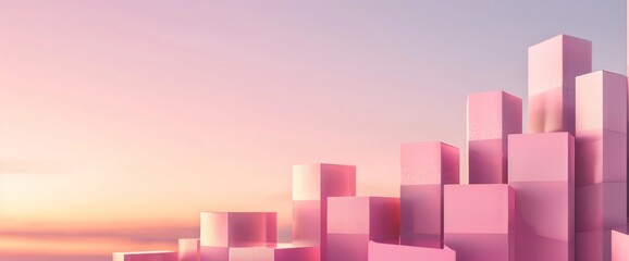 Poster - Blush pink blocks rise in a delicate curve, signaling a bullish market against a morning sky.