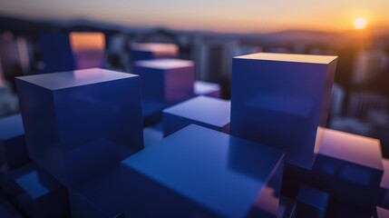 Poster - Bold indigo cubes depict a dramatic market recovery, set against a late evening backdrop.
