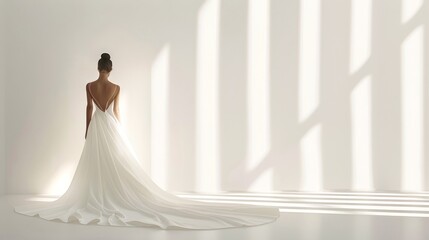 A bride in a flowing white gown stands with her back to the camera in a minimalist setting. Concept of bridal fashion, elegance, and minimalism. Copy space