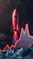 Poster - Bright coral rocket ascending a neon grey graph against a dark setting, depicting fiscal growth.