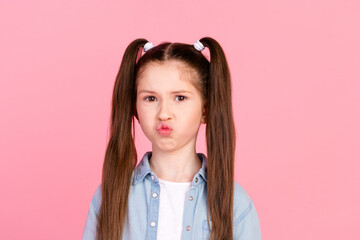 Sticker - Photo of dissatisfied disappointed funky small girl with ponytails dressed denim shirt pouted lips isolated on pink color background