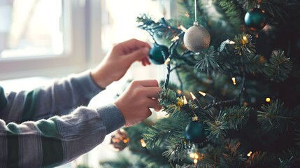 Caucasian person decorating a Christmas tree with ornaments. Concept of holiday preparation, festive season, home decoration