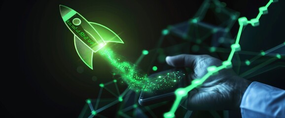 Poster - Bright green graph and rocket emerging from darkness, hand-held, indicating business success.