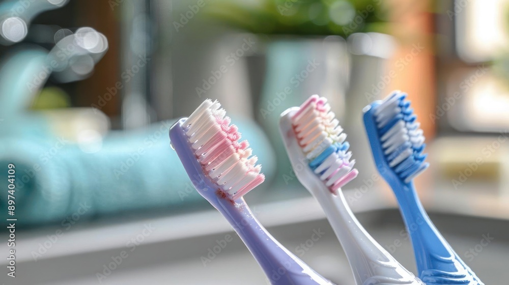 Colorful toothbrushes in a modern bathroom setting, highlighting dental ...