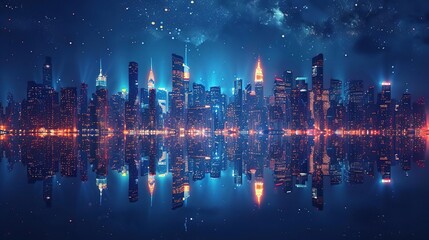 Sticker - Night Cityscape with Stars and Reflection Illustration