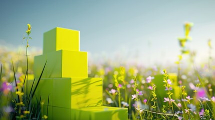 Poster - Bright lime blocks signify a sharp upward trend, set against a vivid spring meadow.