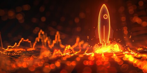 Poster - Bright orange glowing graph and rocket on a dark background for a business growth concept,