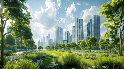 Generate a photo realistic image of urban green technology projects promoting sustainability and reducing environmental impact; ensure the image is of high resolution for clear and detailed quality