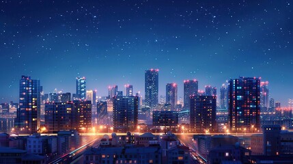 Wall Mural - Night City Skyline with Stars Illustration