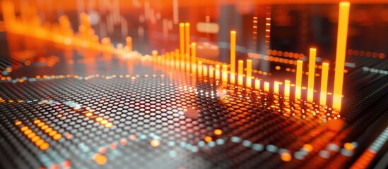 Poster - Bright orange holographic stock charts floating over a metallic surface.