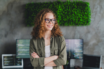 photo of lovely cheerful cute nice woman software developer crossed arms modern workspace workstatio