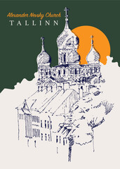 Poster - Drawing sketch illustration of Alexander Nevsky Church in Tallinn, Estonia