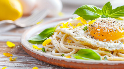 Wall Mural - Delicious pasta with egg and fresh basil. Topped with grated cheese and a sprinkle of black pepper. A vibrant dish featuring fresh ingredients for perfect comfort food