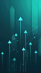 Poster - Bright turquoise upward arrows on a dark turquoise gradient background, with light turquoise points.
