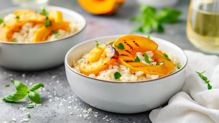 Wall Mural - Delicious Rice Dish with Grilled Peaches and Fresh Herbs. A Tasty Cuisine Showcase of Savory Food and Culinary Art. Perfectly Styled for Gourmet Presentation