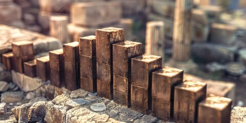 Poster - Bronze blocks build a robust upward graph, mirroring historical economic strength on an ancient ruins backdrop.