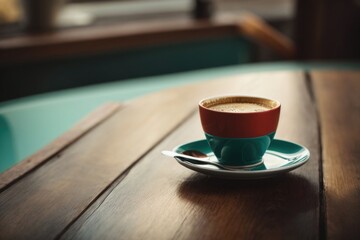 Wall Mural - A cup of coffee on a wooden table