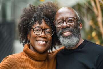 Portrait of a grinning afro-american couple in their 40s looking at the camera