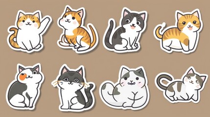  Set of cute and simple cat stickers in a Japanese anime cartoon style, showcasing various expressions and activities in vibrant colors