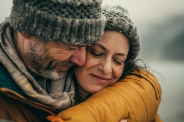 Wall Mural - Portrait of a tender couple in their 40s hugging each other