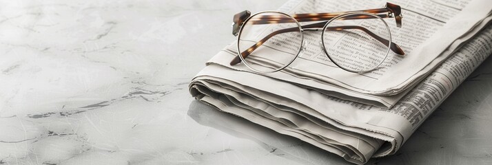 Aufkleber - a pair of eyeglasses rests on an open, folded newspaper lying on a marble surface. generative ai