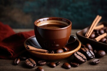 Wall Mural - A cup of coffee on a wooden table