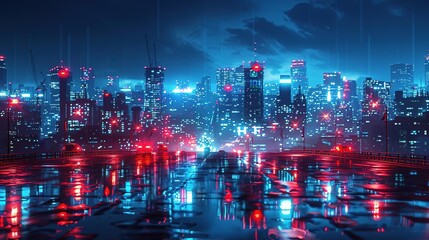 Poster - Cyberpunk Cityscape Illustration with Neon Lights and Wet Asphalt