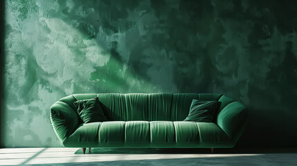 Sleek green couch against a dark background, modern interior, Green furniture