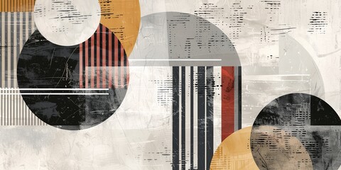 Poster - A painting of circles and stripes with a gray background. The circles are of different sizes and colors, and the stripes are black and red