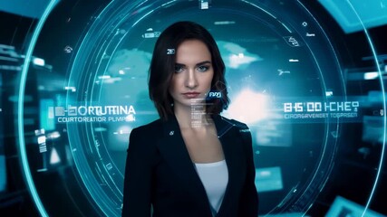 Wall Mural - Woman Stands In Front Of Futuristic Technology Interface