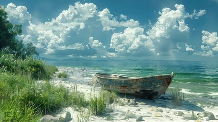 Wall Mural - animation old boat on serene and picturesque beachside landscape generated with ai