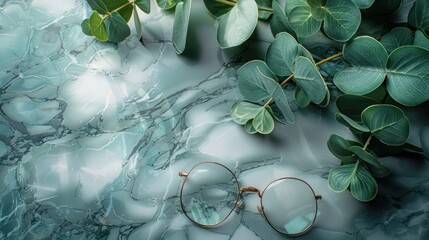 Wall Mural - Eucalyptus Leaves and Glasses on Marble Background