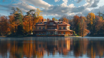 Poster - Enchanting Autumn Lakeside Manor - A Breathtaking Reflection